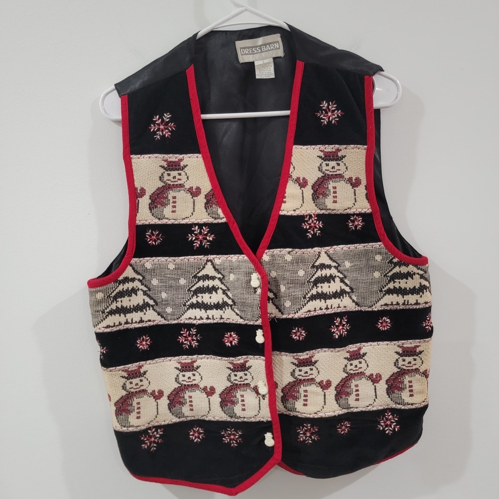 Vintage Dressbarn Womens Ugly Christmas Sweater Vest Size Large Tapestry Snowmen